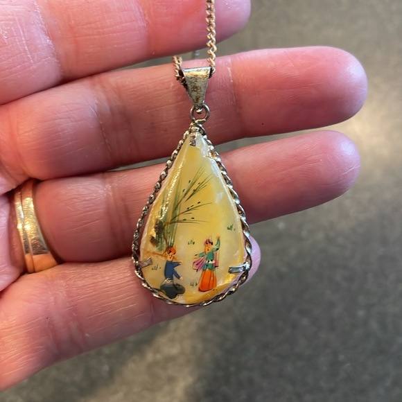 Antique Persian Sterling Silver Hand-Painted Reversible Mother Of Pearl Necklace - Picture 4 of 5